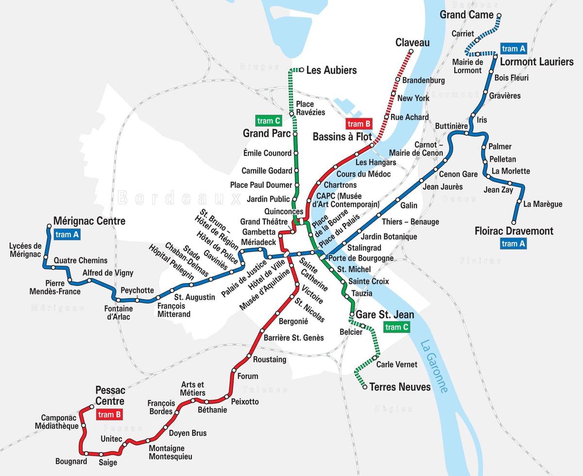 Bordeaux tramvaj poti zemljevid