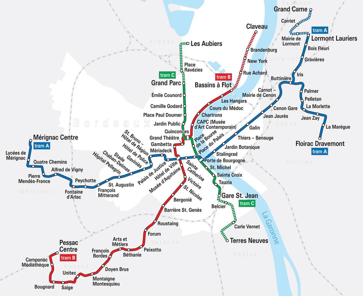 tramvaj zemljevid Bordeauxu francija