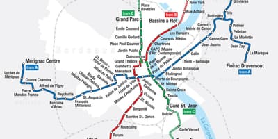 Bordeaux tramvaj sistem zemljevid