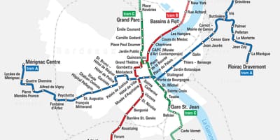 Bordeaux tramvaj poti zemljevid